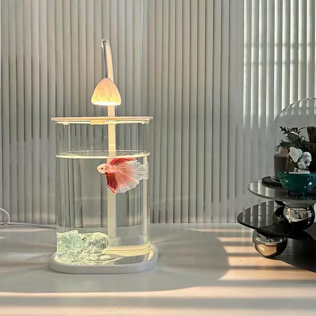 Planted Aquarium For Betta - 360 ° ตู้ปลาตั้งโต๊ะแบบพาโนรามาใสพร้อมไฟ LED ตกแต่ง ตู้เลี้ยงปลาขนาดเล็กโปร่งใสสำหรับปลาเบต้า